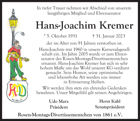 Anzeige von Hans Joachim Kremer von Kölner Stadt-Anzeiger / Kölnische Rundschau / Express