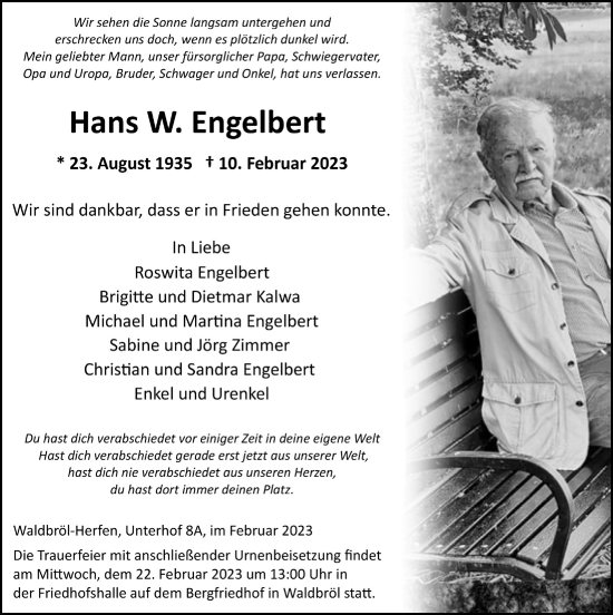 Anzeige von Hans W. Engelbert von  Lokalanzeiger 