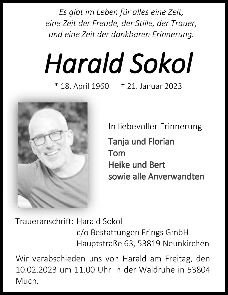  Traueranzeige für Harald Sokol vom 04.02.2023 aus Kölner Stadt-Anzeiger / Kölnische Rundschau / Express