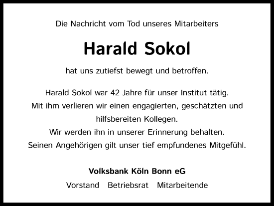 Anzeige von Harald Sokol von Kölner Stadt-Anzeiger / Kölnische Rundschau / Express