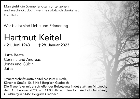 Anzeige von Hartmut Keitel von Kölner Stadt-Anzeiger / Kölnische Rundschau / Express