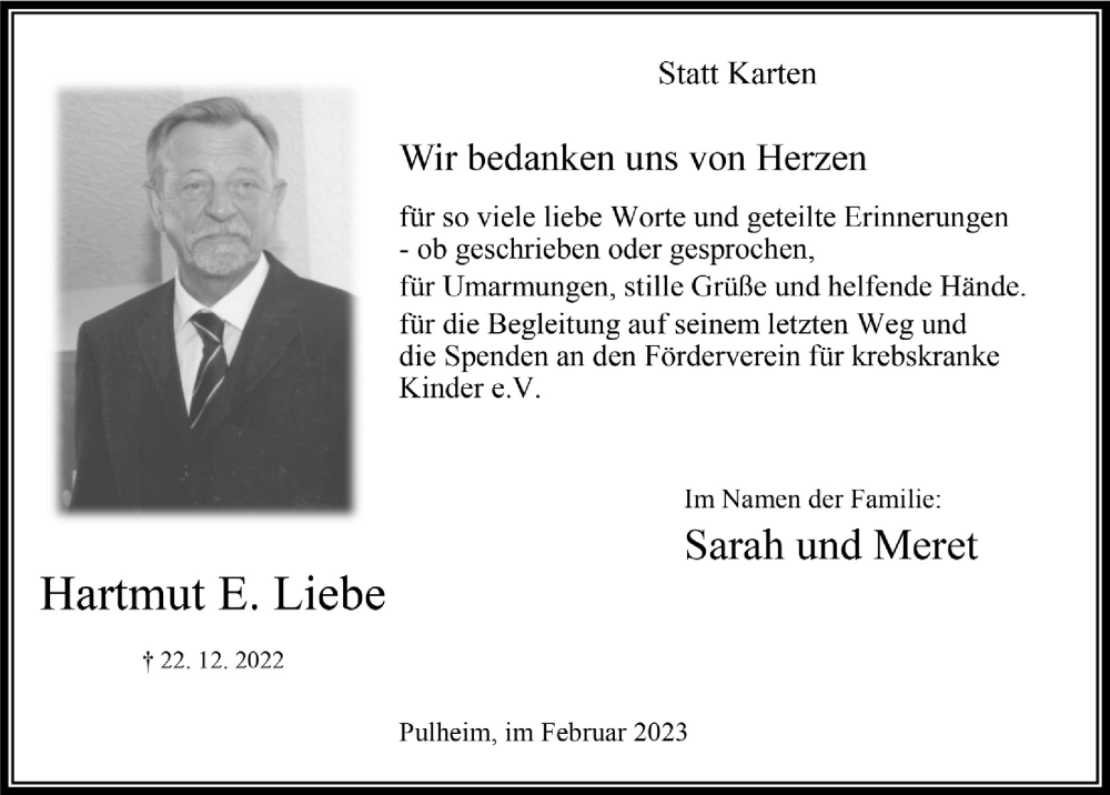  Traueranzeige für Hartmut E. Liebe vom 10.02.2023 aus  Wochenende 