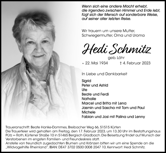 Anzeige von Hedi Schmitz von Kölner Stadt-Anzeiger / Kölnische Rundschau / Express