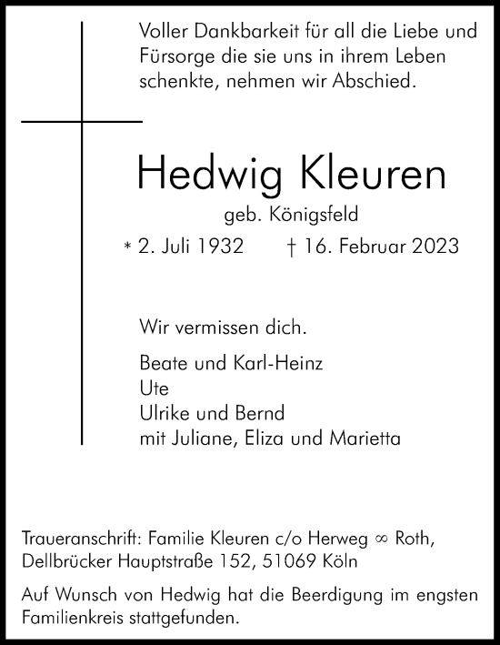 Anzeige von Hedwig Kleuren von Kölner Stadt-Anzeiger / Kölnische Rundschau / Express