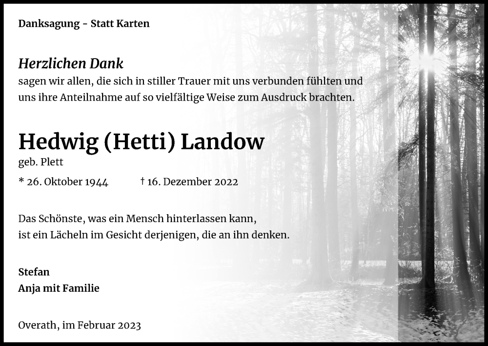  Traueranzeige für Hedwig Landow vom 04.02.2023 aus Kölner Stadt-Anzeiger / Kölnische Rundschau / Express