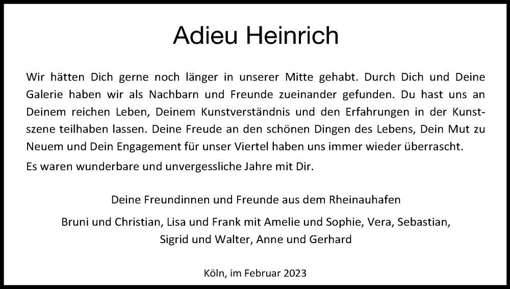  Traueranzeige für Heinrich  vom 11.02.2023 aus Kölner Stadt-Anzeiger / Kölnische Rundschau / Express