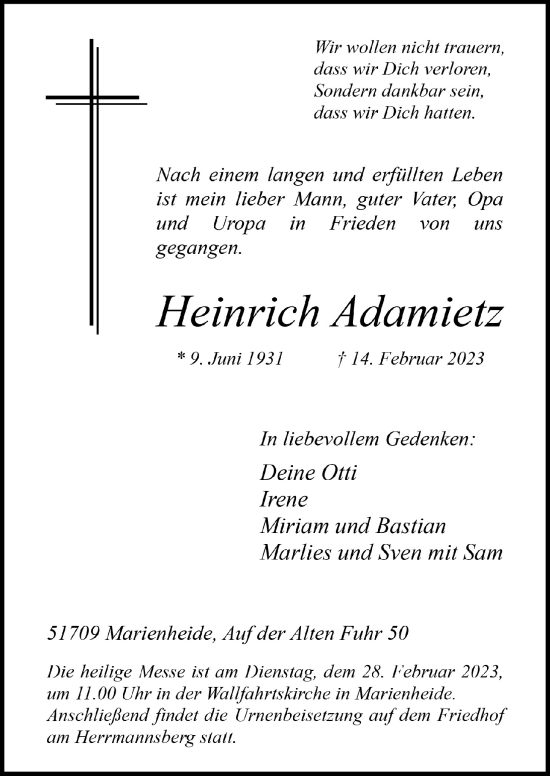 Anzeige von Heinrich Adamietz von  Anzeigen Echo 
