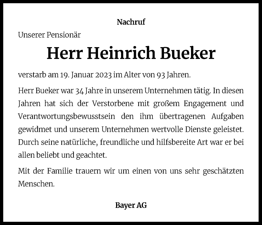  Traueranzeige für Heinrich Bueker vom 04.02.2023 aus Kölner Stadt-Anzeiger / Kölnische Rundschau / Express