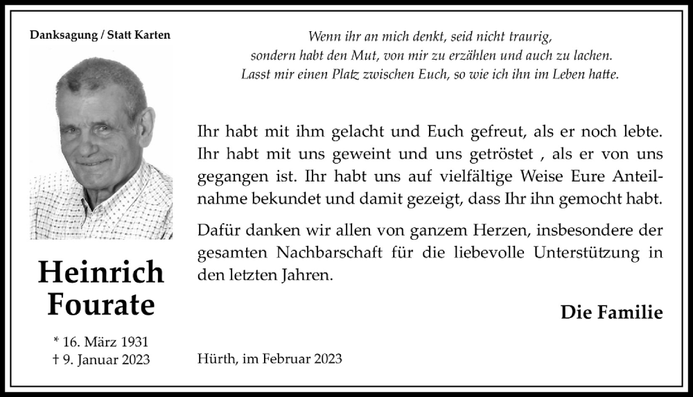  Traueranzeige für Heinrich Fourate vom 10.02.2023 aus  Wochenende 