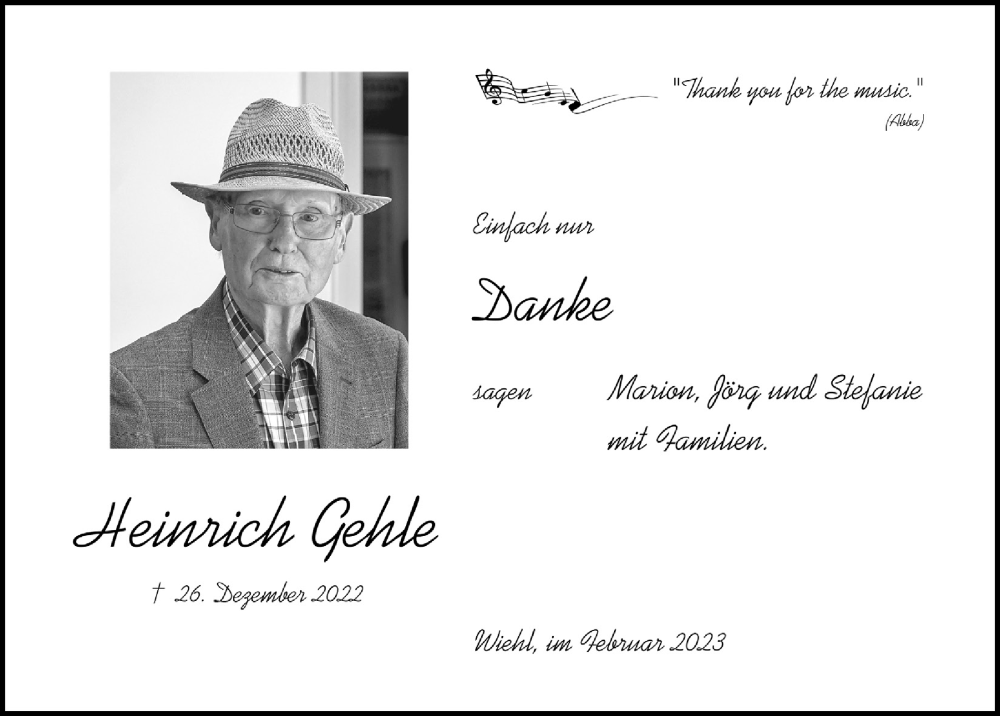  Traueranzeige für Heinrich Gehle vom 03.02.2023 aus  Anzeigen Echo 