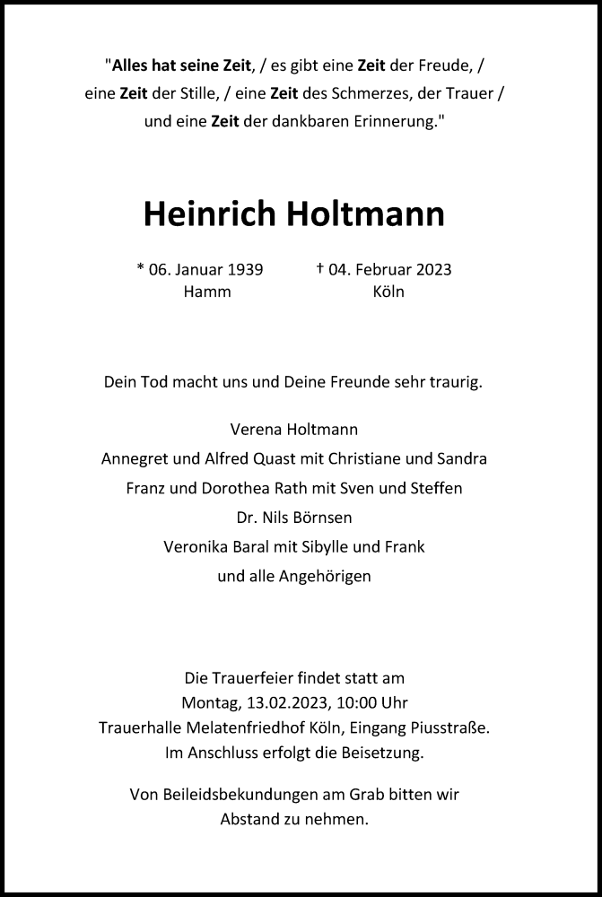  Traueranzeige für Heinrich Holtmann vom 11.02.2023 aus Kölner Stadt-Anzeiger / Kölnische Rundschau / Express