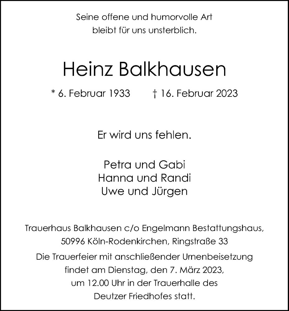 Traueranzeige für Heinz Balkhausen vom 25.02.2023 aus Kölner Stadt-Anzeiger / Kölnische Rundschau / Express
