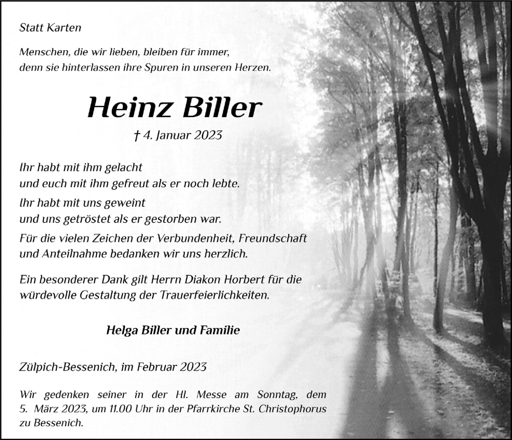  Traueranzeige für Heinz Biller vom 25.02.2023 aus  Blickpunkt Euskirchen 
