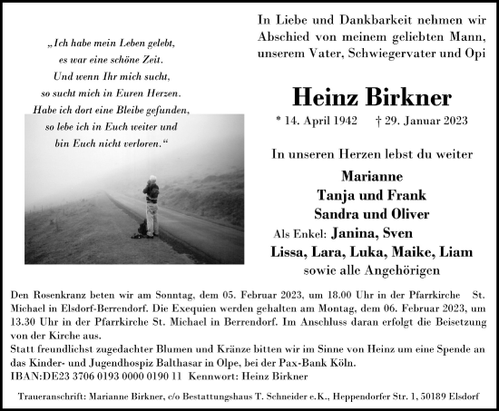 Anzeige von Heinz Birkner von  Werbepost 