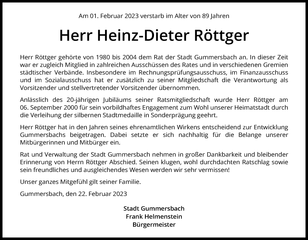  Traueranzeige für Heinz-Dieter Röttger vom 22.02.2023 aus Kölner Stadt-Anzeiger / Kölnische Rundschau / Express