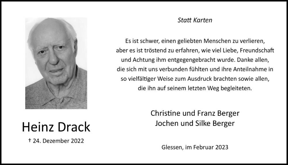  Traueranzeige für Heinz Drack vom 17.02.2023 aus  Werbepost 