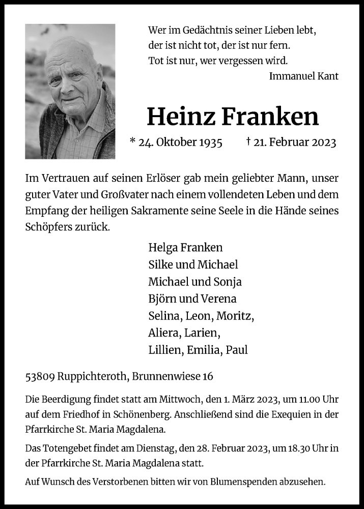  Traueranzeige für Heinz Franken vom 25.02.2023 aus Kölner Stadt-Anzeiger / Kölnische Rundschau / Express