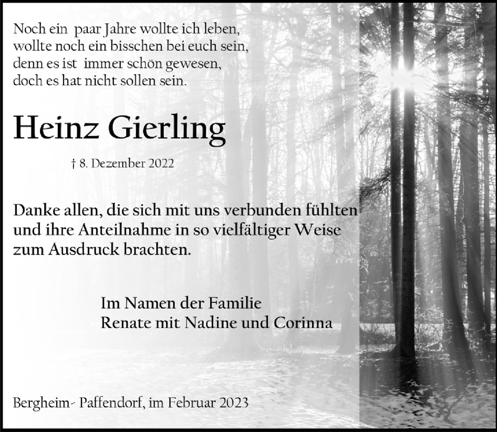  Traueranzeige für Heinz Gierling vom 03.02.2023 aus  Werbepost 
