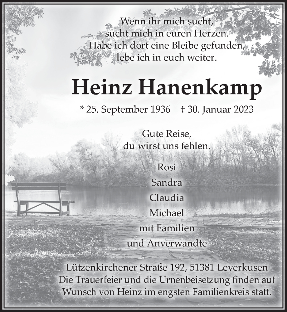  Traueranzeige für Heinz Hanenkamp vom 10.02.2023 aus  Lokale Informationen 