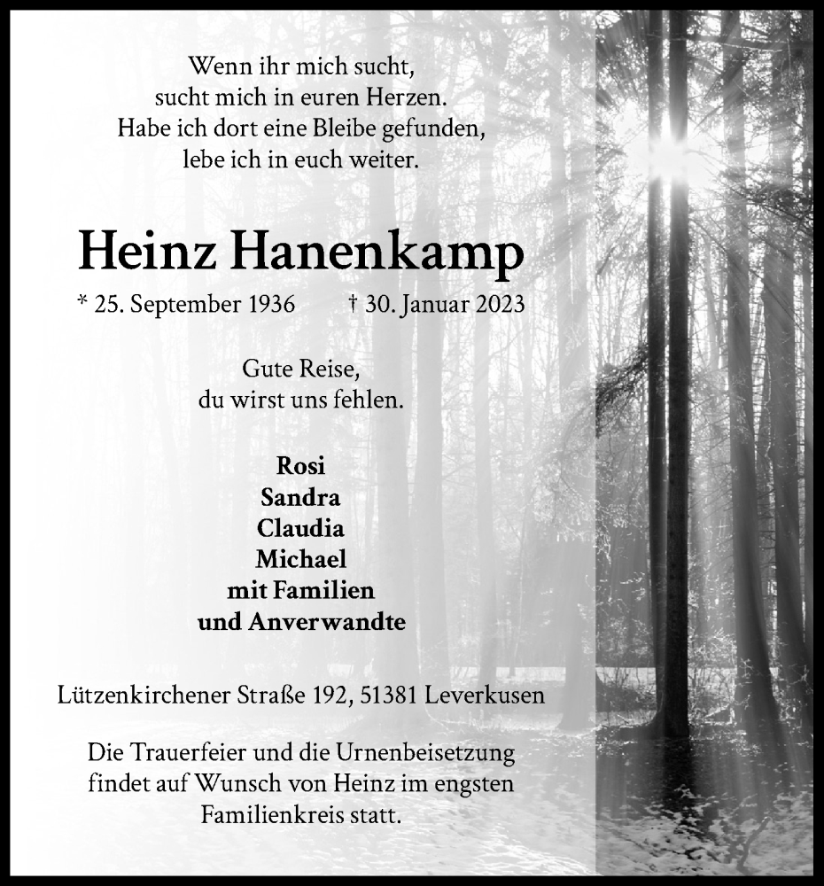  Traueranzeige für Heinz Hanenkamp vom 11.02.2023 aus Kölner Stadt-Anzeiger / Kölnische Rundschau / Express