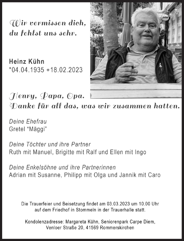  Traueranzeige für Heinz Kühn vom 24.02.2023 aus  Wochenende 