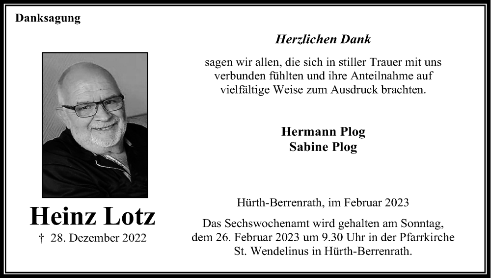  Traueranzeige für Heinz Lotz vom 04.02.2023 aus Kölner Stadt-Anzeiger / Kölnische Rundschau / Express