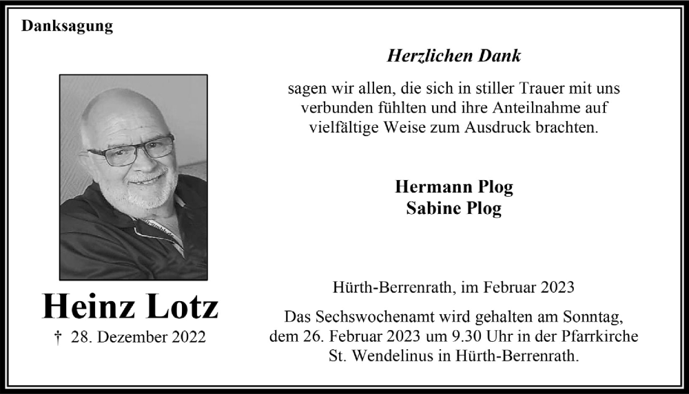  Traueranzeige für Heinz Lotz vom 10.02.2023 aus  Wochenende 