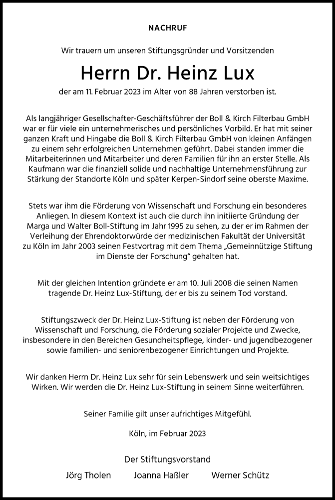  Traueranzeige für Heinz Lux vom 18.02.2023 aus Kölner Stadt-Anzeiger / Kölnische Rundschau / Express