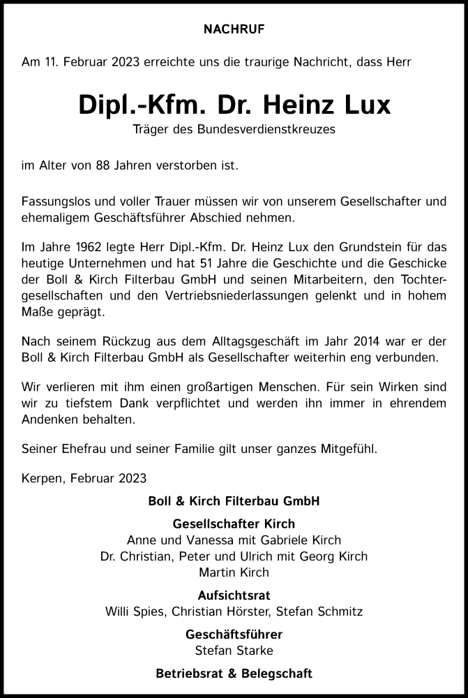  Traueranzeige für Heinz Lux vom 18.02.2023 aus Kölner Stadt-Anzeiger / Kölnische Rundschau / Express