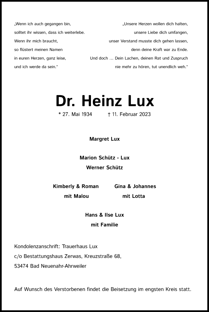  Traueranzeige für Heinz Lux vom 18.02.2023 aus Kölner Stadt-Anzeiger / Kölnische Rundschau / Express