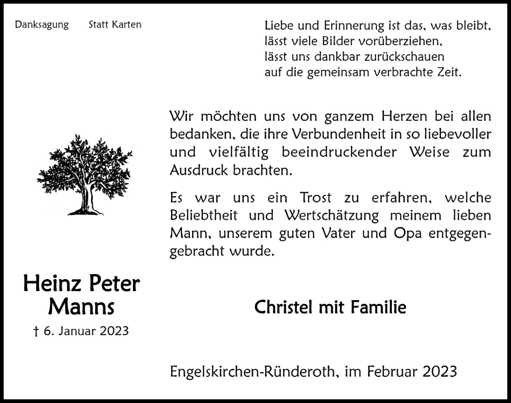  Traueranzeige für Heinz Manns vom 03.02.2023 aus  Anzeigen Echo 