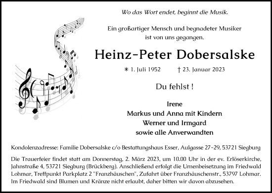 Anzeige von Heinz-Peter Dobersalske von Kölner Stadt-Anzeiger / Kölnische Rundschau / Express