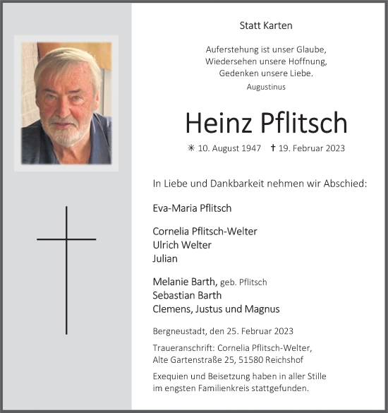 Anzeige von Heinz Pflitsch von Kölner Stadt-Anzeiger / Kölnische Rundschau / Express
