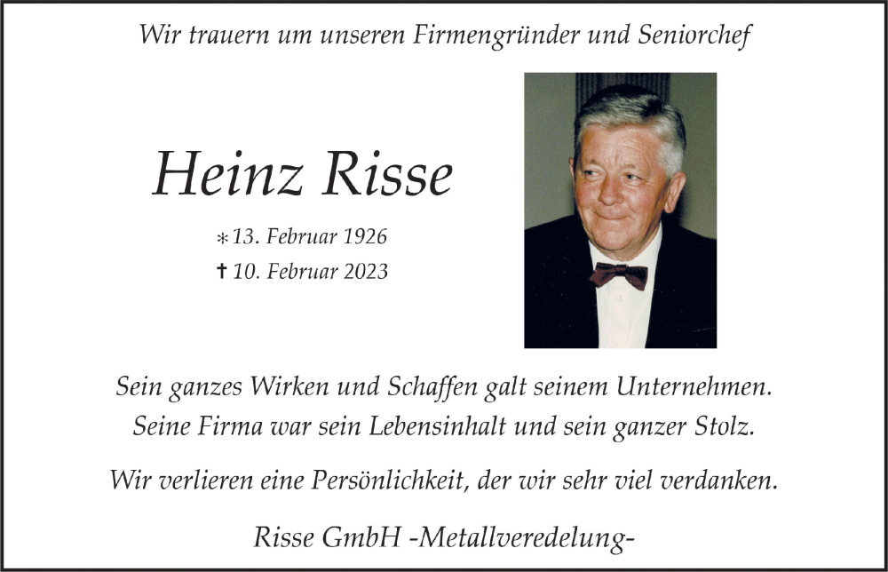  Traueranzeige für Heinz Risse vom 17.02.2023 aus  Anzeigen Echo 