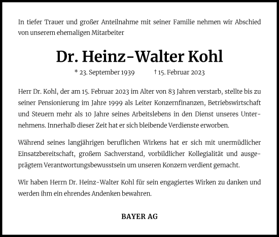 Anzeige von Heinz-Walter Kohl von Kölner Stadt-Anzeiger / Kölnische Rundschau / Express