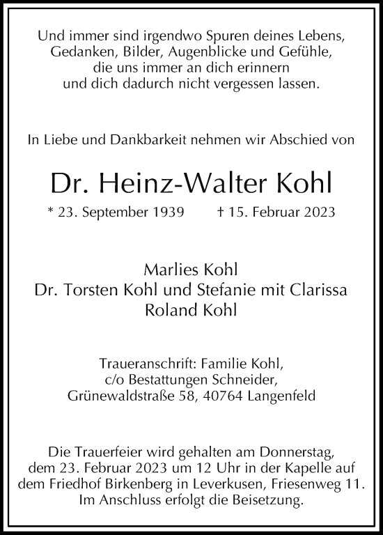 Anzeige von Heinz-Walter Kohl von Kölner Stadt-Anzeiger / Kölnische Rundschau / Express