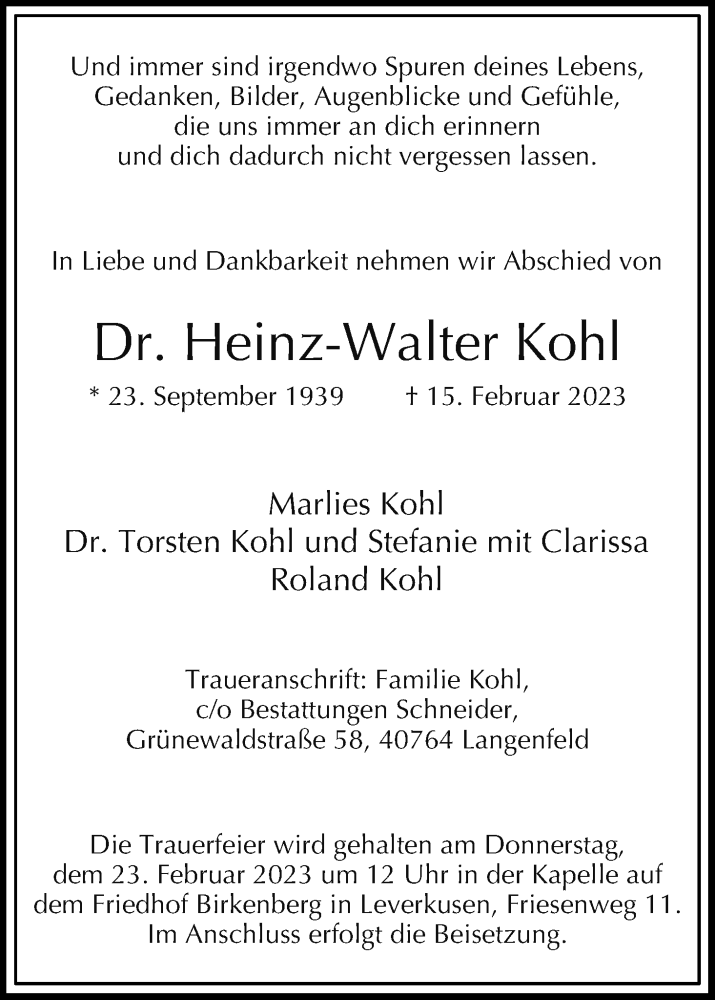 Traueranzeige für Heinz-Walter Kohl vom 18.02.2023 aus Kölner Stadt-Anzeiger / Kölnische Rundschau / Express