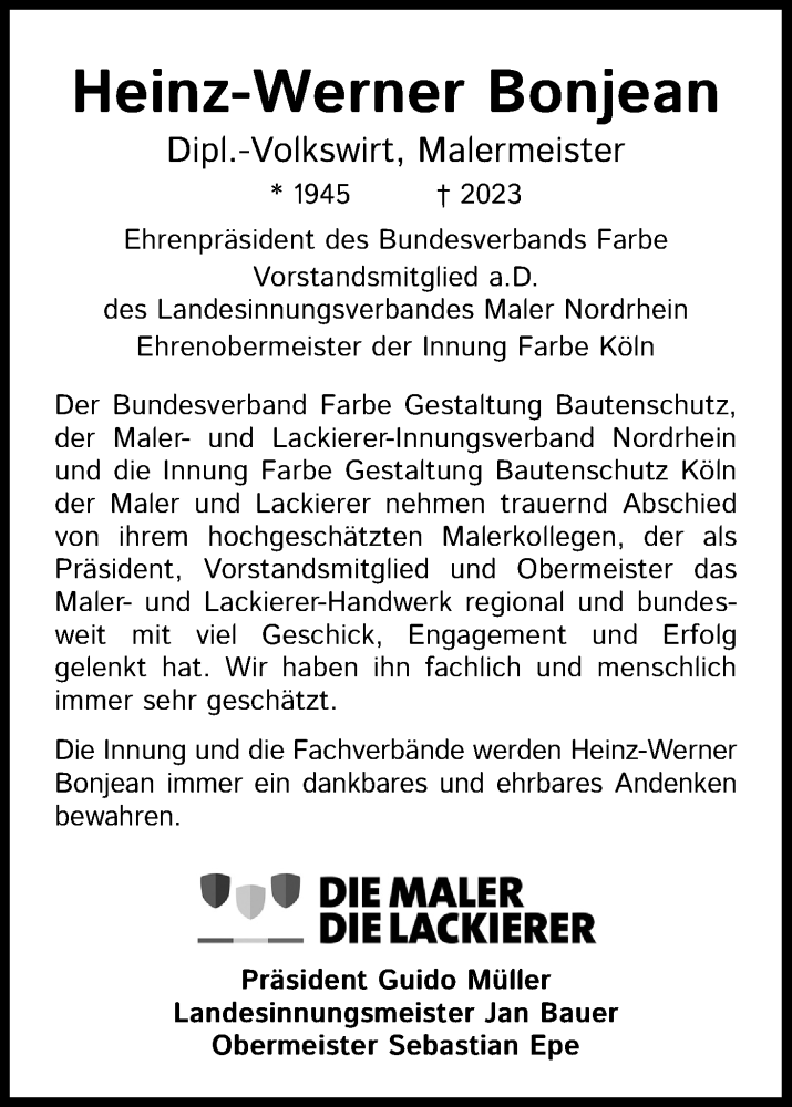  Traueranzeige für Heinz-Werner Bonjean vom 25.02.2023 aus Kölner Stadt-Anzeiger / Kölnische Rundschau / Express