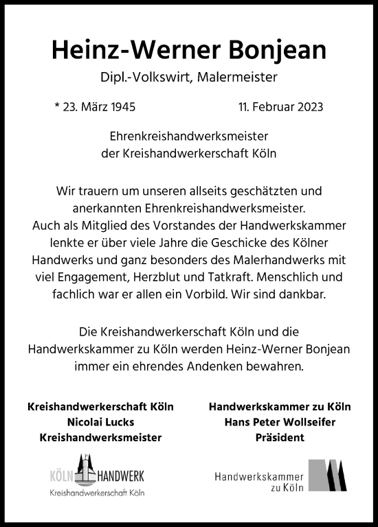 Anzeige von Heinz-Werner Bonjean von Kölner Stadt-Anzeiger / Kölnische Rundschau / Express