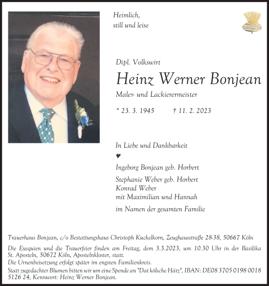 Anzeige von Heinz Werner Bonjean von Kölner Stadt-Anzeiger / Kölnische Rundschau / Express
