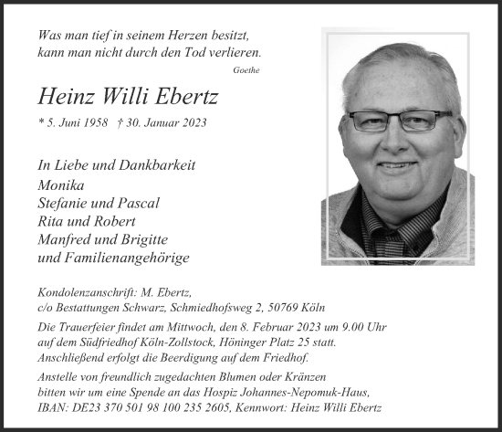 Anzeige von Heinz Willi Ebertz von Kölner Stadt-Anzeiger / Kölnische Rundschau / Express