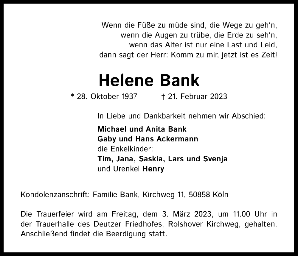  Traueranzeige für Helene Bank vom 25.02.2023 aus Kölner Stadt-Anzeiger / Kölnische Rundschau / Express