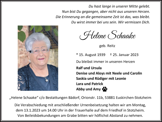 Anzeige von Helene Schaake von  Blickpunkt Euskirchen 
