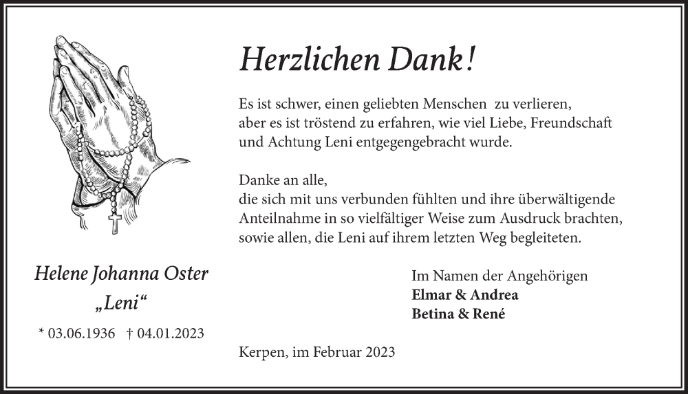  Traueranzeige für Helene Johanna Oster vom 10.02.2023 aus  Werbepost 
