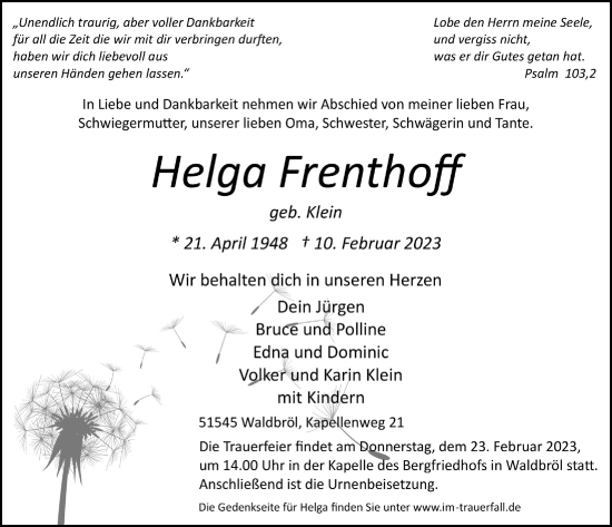 Anzeige von Helga Frenthoff von  Lokalanzeiger 
