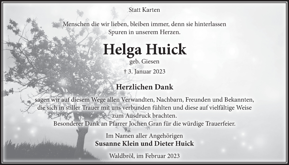  Traueranzeige für Helga Huick vom 10.02.2023 aus  Lokalanzeiger 