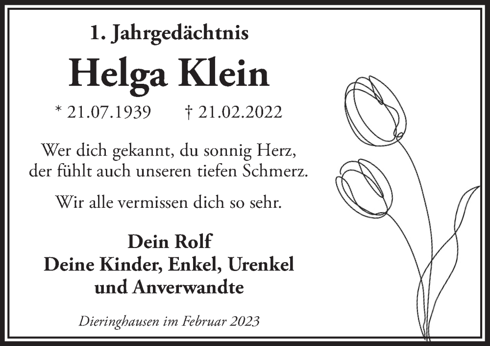  Traueranzeige für Helga Klein vom 24.02.2023 aus  Anzeigen Echo 