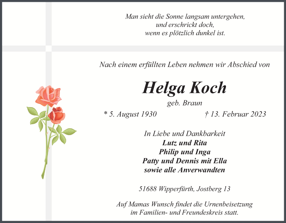  Traueranzeige für Helga Koch vom 18.02.2023 aus Kölner Stadt-Anzeiger / Kölnische Rundschau / Express