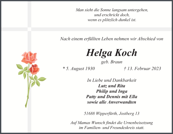 Anzeige von Helga Koch von Kölner Stadt-Anzeiger / Kölnische Rundschau / Express