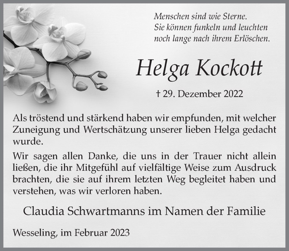  Traueranzeige für Helga Kockott vom 10.02.2023 aus  Schlossbote/Werbekurier 